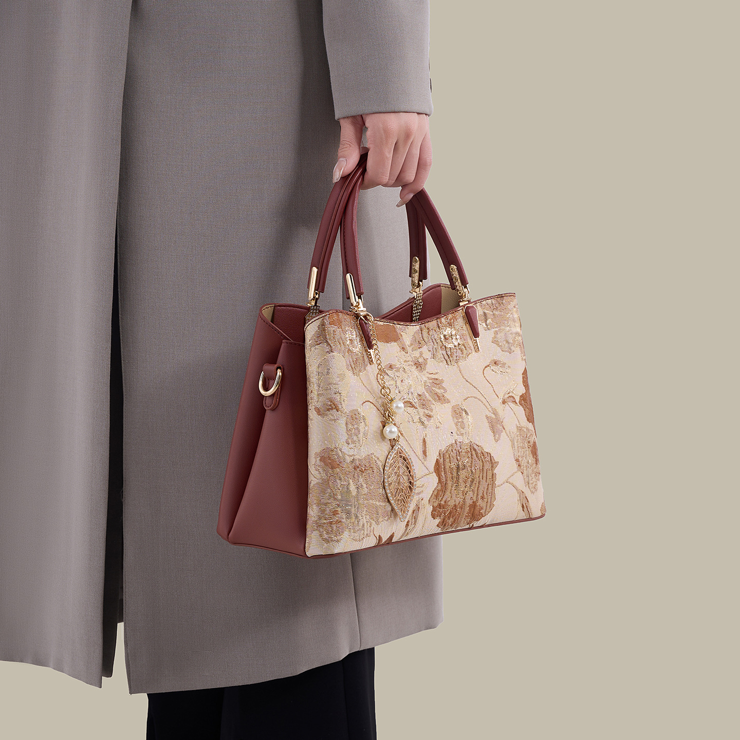 Túi bucket nữ phong cách Trung Hoa mới, họa tiết jacquard, dây rút, đeo chéo hoặc kẹp nách