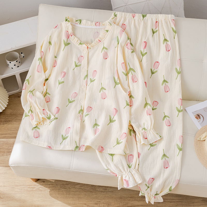 Postpartum Clothing, Summer Thin Style, Pure Cotton, Sweat-Absorbent, Breathable, Double-Layer Gauze Maternity Pajamas, Non-Tight on the Belly, Specially Designed for Pregnancy