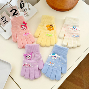 Children's Gloves Winter Warm Cute Cartoon Student Writing Girls New Five Finger Split Finger Knitted 6-12 Years Old
