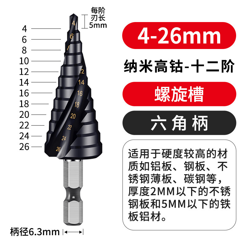 黑宝塔钻头万能打孔工业级螺旋金属开孔器不锈钢专用高硬度阶梯钻|undefined
