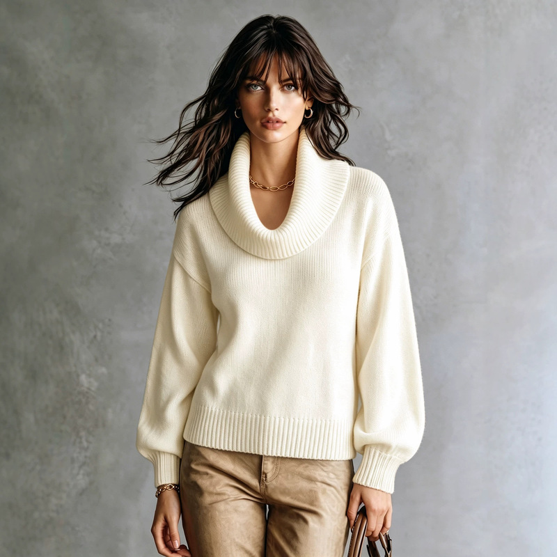 2026 Cross-Border Hot-Selling Autumn and Winter Turtleneck Sweater for Women, Solid Color, Long-Sleeved, Ribbed Cuffs, Lazy Style, Workwear, Casual Knitwear