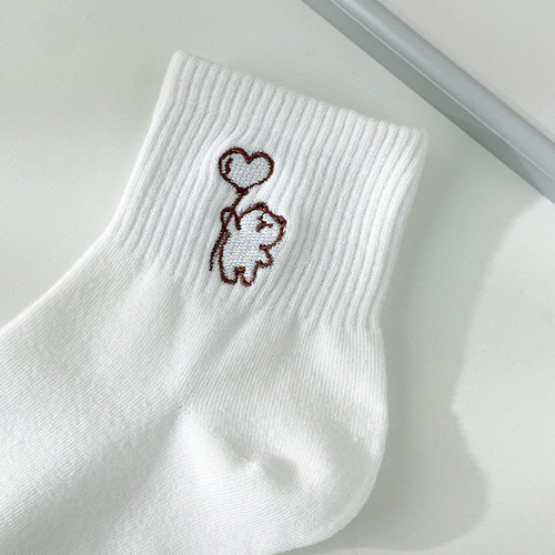 Socks for women spring and summer pure cotton medium socks Japanese solid color cute cartoon rabbit embroidered women's socks