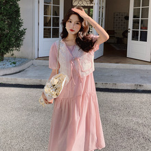 新中式国风粉色马甲连衣裙女夏季小个子甜美减龄盘扣两件套裙子