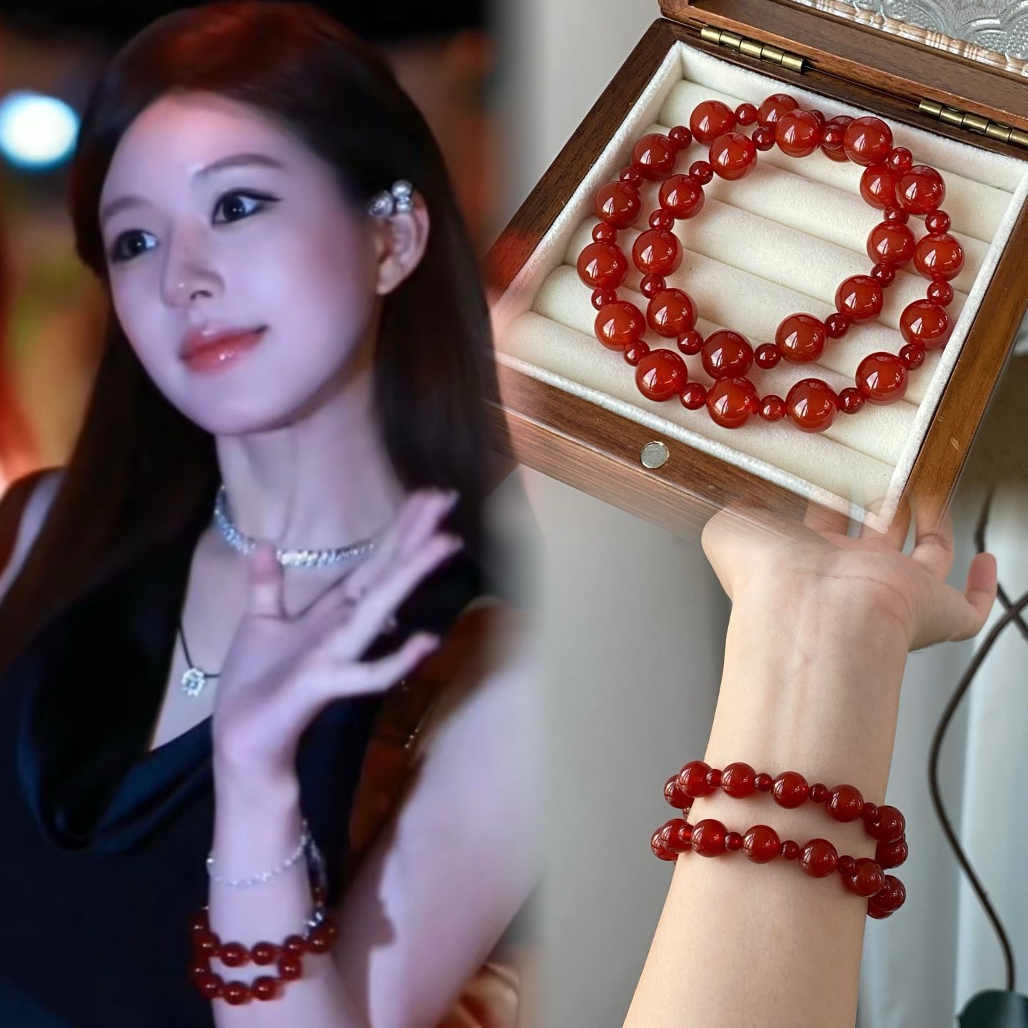 天然红玛瑙双圈手链赵露丝许妍同款小众设计感轻奢时尚水晶手串