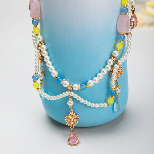 Ancient style soft pink crystal necklace, women's Hanfu accessories, glass pendant, Ming-made cheongsam, sweet jewelry 35GF214