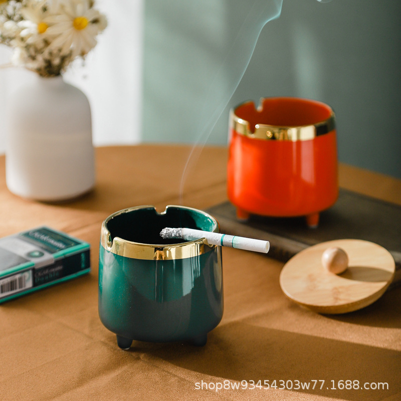 北欧创意商用带盖子防飞尘家用办公室陶瓷烟灰缸定制加工