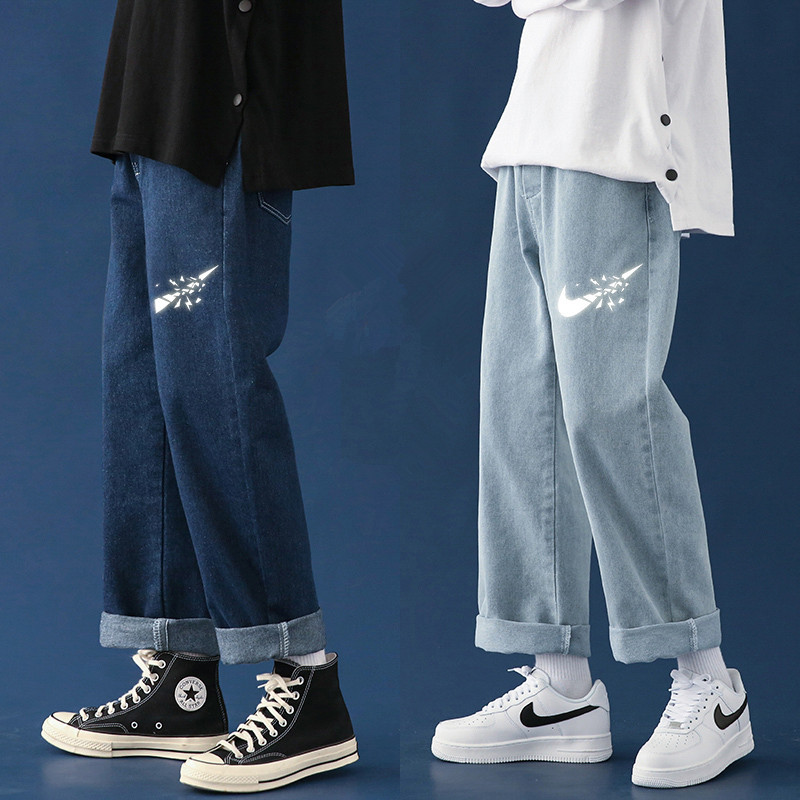 牛仔褲男夏季新款寬松潮牌直筒褲潮流港風帥氣百搭休閑打勾九分褲