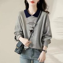 外贸折扣店正品纯棉时尚长袖拼色卫衣女春秋款宽松显瘦假两件上衣