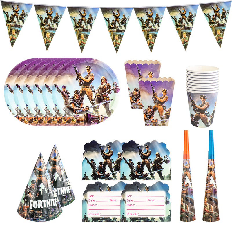Amazon Fortress Night Hot Selling Game Theme Party Flag Paper Plate Tableware Set Party Decoration Set