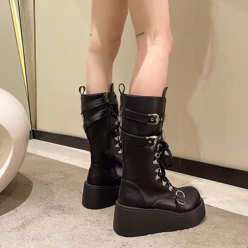 Damenschuhe mit Nietenschnalle, dickem Absatz, mittelhoher Stiefel, Ritterstiefel im Gothic-Punk-Stil_voghion.com