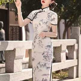 新中式改良旗袍裙2026新款夏季年轻款少女高端文艺水墨连衣裙长款