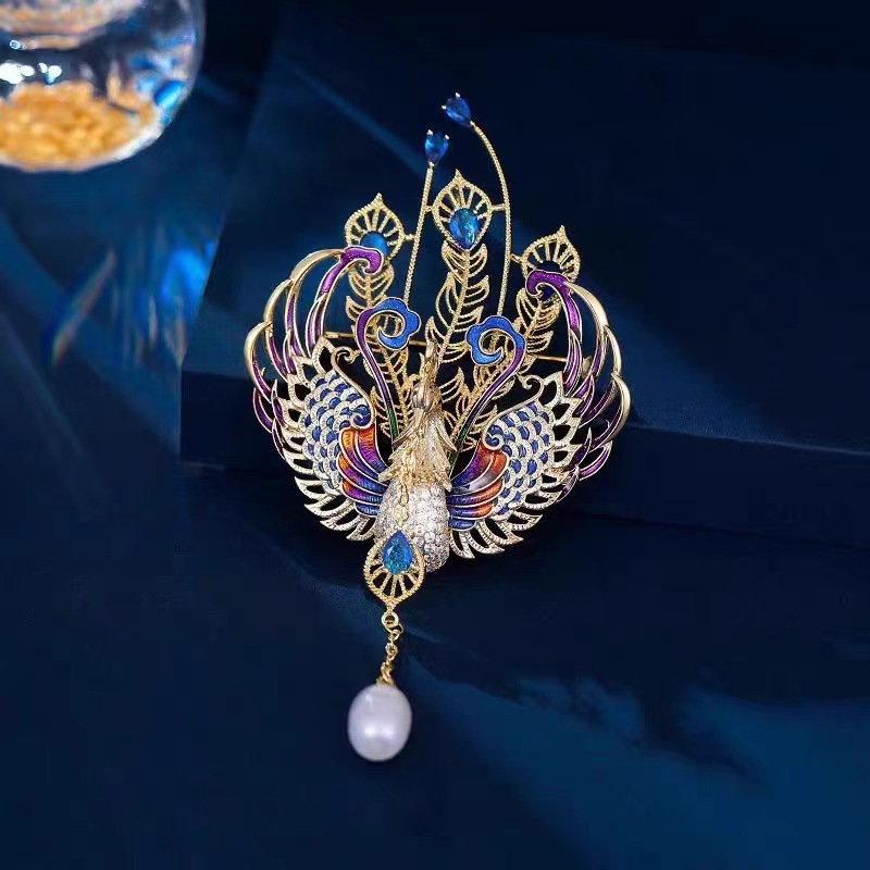 Chinese Style Colorful Phoenix Brooch for Women, Light Luxury Pearl Tassel Pendant Brooch, Dress Cheongsam Accessory