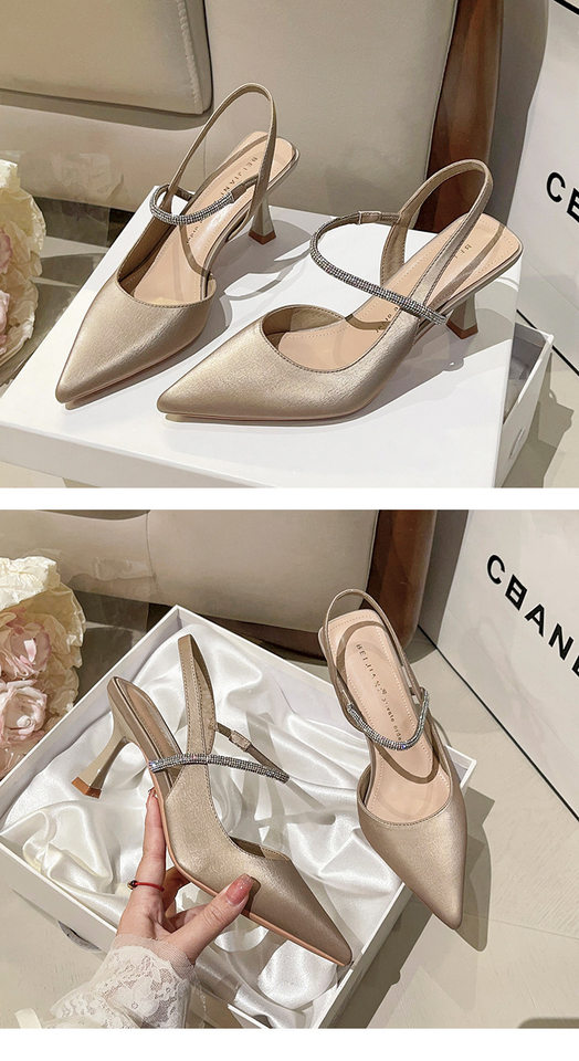 Sandal nữ bít mũi quai ngang đính đá, gót nhọn 6–8 cm — Màu kaki, Màu trắng be, Màu vàng nhạt chi tiết 17