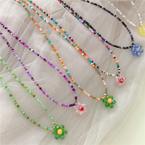 Korean retro color crystal necklace, Korean style INS style candy crystal necklace, cute and sweet flower necklace