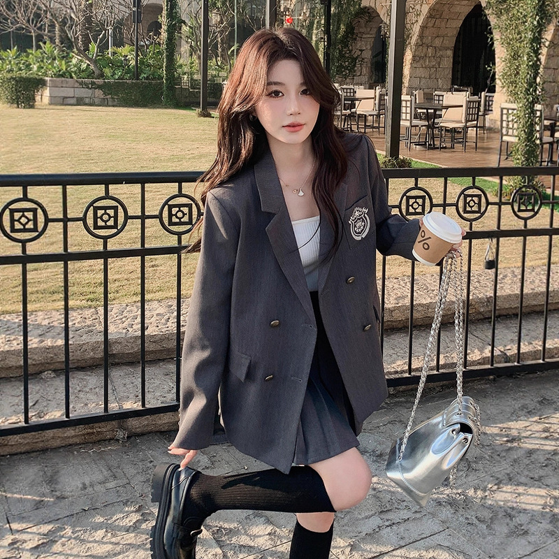 2025 British Preppy Style Gray Small Suit Jacket for Women in Spring & Fall, Super Hot and Good-Looking, Street Jk Suit Suit Skirt