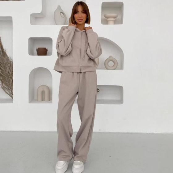 Cross-border Trade AliExpress Women's New Zipper Hooded Sports Cardigan Lace-up Pants Two-piece Casual suit