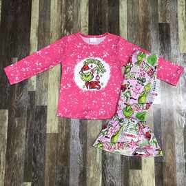 精品外贸婴幼儿欧美跨境外贸批发女孩粉色可爱圣诞节喇叭裤套装