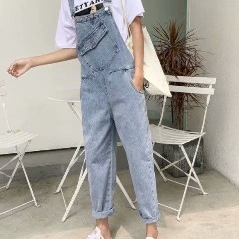 炸街休闲复古牛仔背带裤女春秋2023年新款小个子洋气减龄连体长裤