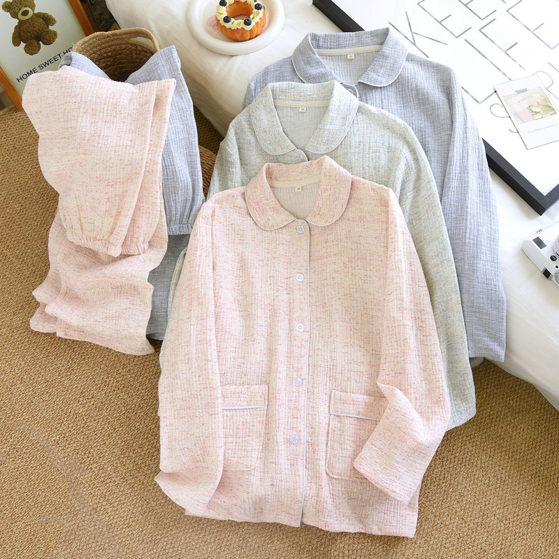 Pure cotton yarn-dyed gauze home wear for women in spring and autumn, all-cotton breathable men's loose-fit plus-size long-sleeve pajamas couple set Pure cotton yarn-dyed gauze home wear for women in spring and autumn, all-cotton breathable men's loose-fit plus-size long-sleeve pajamas couple set