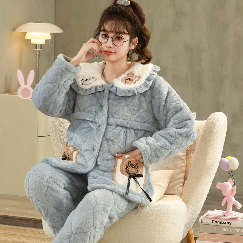 Winter three-layer quilted pajamas women's coral fleece cardigan sweet doll collar confinement clothing pregnant women breastfeeding warm suit