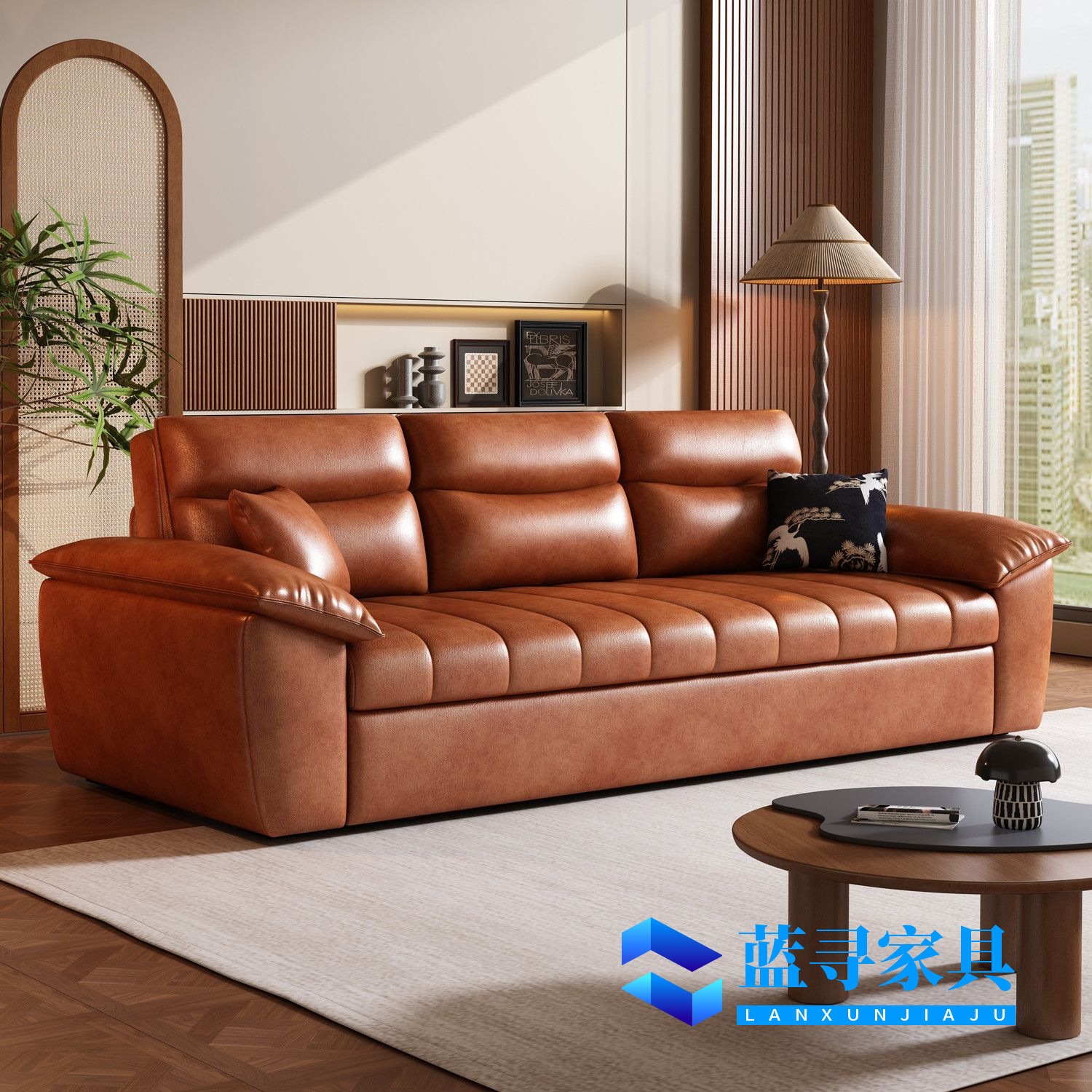 Cangming Retro Style Oil Wax Leather Sofa Bed High-End Sofa Bed All-In-One Dual-Purpose Folding Storage Piano Key Sofa