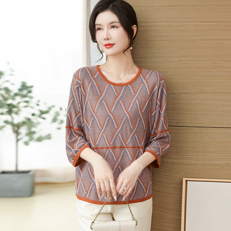 Мама летняя рубашка с рукавами из семи точек 2025 новый средний и пожилой женский модный тонкий клетчатый топ