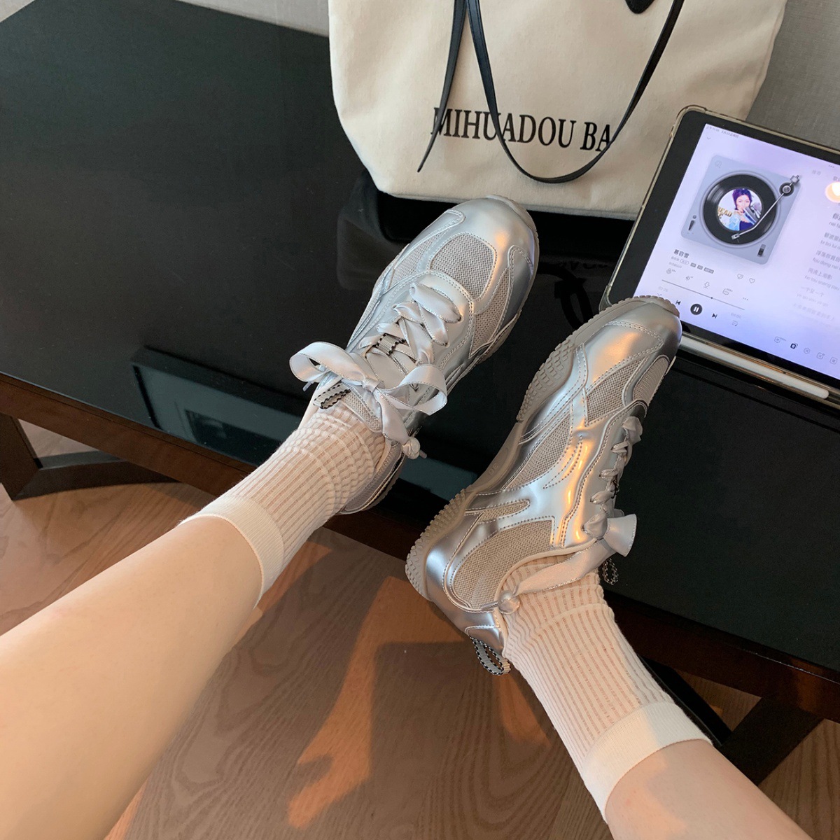 Versión de piel de oveja ~ cuero plano superficie de malla transpirable ligera versátil ballet zapatos deportivos casuales zapatos de entrenamiento de mujeres zapatos Agan