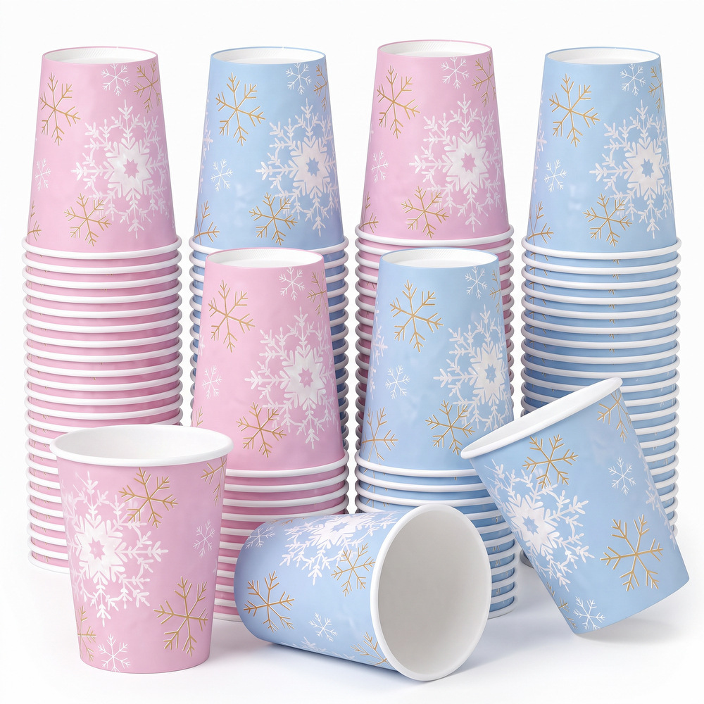 Winter-themed disposable paper cups, pink and blue snowflake cups with gold line decoration, ice and snow theme party dessert table beverage cups