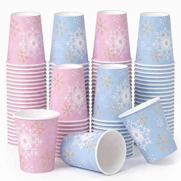 Winter-themed disposable paper cups, pink and blue snowflake cups with gold line decoration, ice and snow theme party dessert table beverage cups