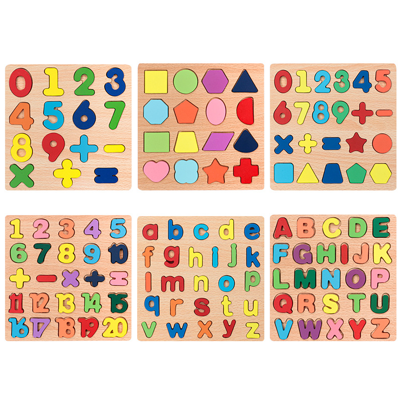 1-3 years old baby early education cognitive digital alphabet three-dimensional jigsaw puzzle wooden children's puzzle matching hand-held board