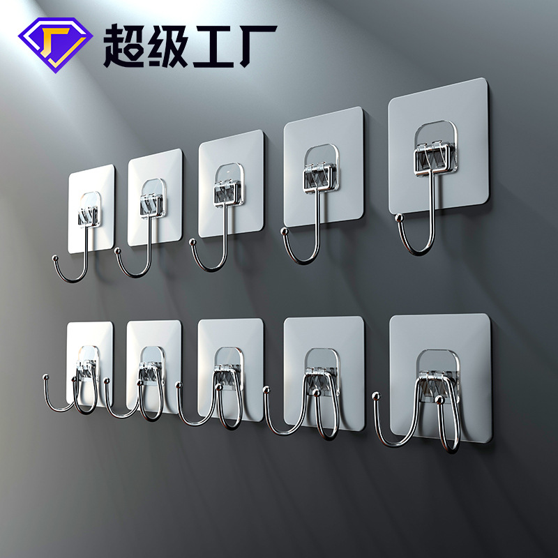 Stainless Steel Hook Strong Adhesive Punch-free Kitchen Wall Transparent Adhesive Hook Strong Load-bearing Seamless Adhesive Hook