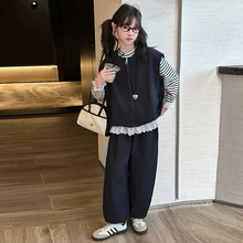 女童秋装2025新款初中生女孩春秋款洋气马甲三件套女大童秋季套装