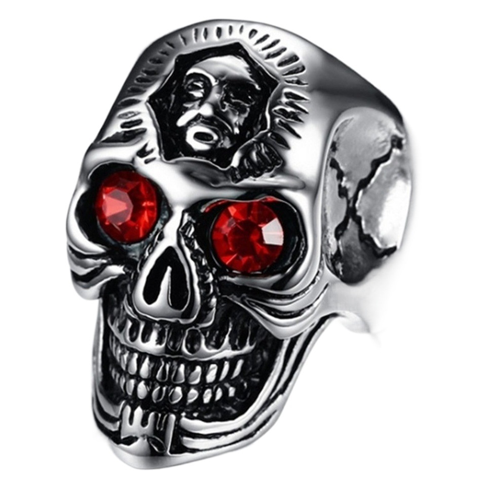 Halloween New European and American Skull Ring Vintage Crack Ghost Ring Rock Set Ruby Men's Ring