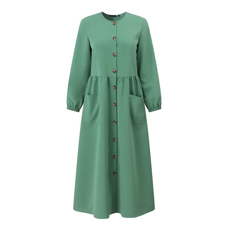 2025 Women's Cardigan Dress with Patch Pockets, Round Neck, Puff Sleeves, Loose Sun Dress, Patchwork Dress