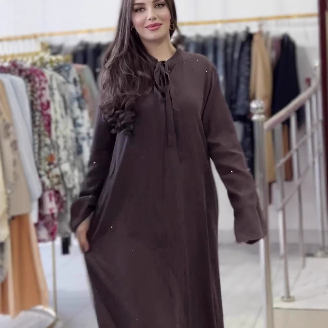 In-stock Middle Eastern Cross-border New Product Dress, Style With Ties, Round Neck, Long Sleeves, Elegant Shiny_ecoleips.com