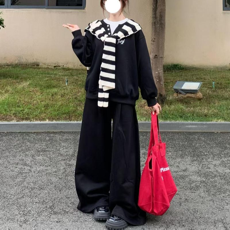 单/套装秋季运动风拼色卫衣女+披肩+休闲阔腿裤网红穿搭三件套潮|undefined