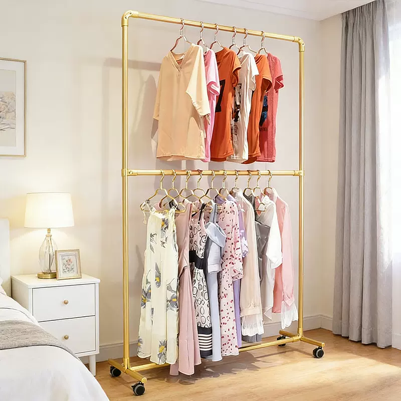 金色双层服装店展示架铝合金衣架中岛架女装店挂衣架落地式服装架