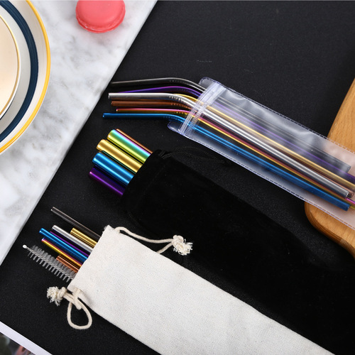 304 stainless steel colorful straw set cocktail metal drinking straw pearl milk tea straw can be customized with logo