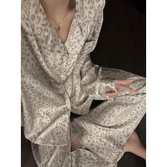 韩系豹纹设计冰丝睡衣女早秋新款大码锻面长袖长裤家居服套装ins