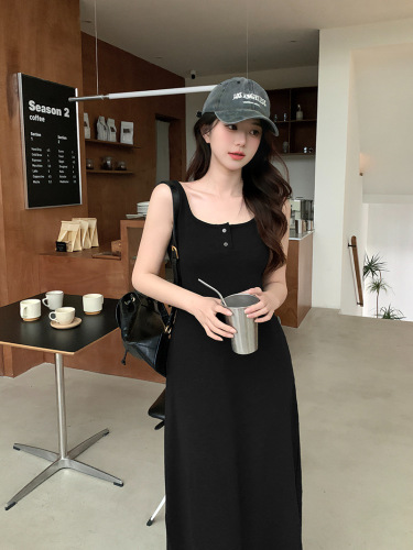 Summer French Retro Black Camisole Dress, Pure Desire Seductive Bodycon Skirt, Elegant Waist Cinching Midi Length Dress for Women