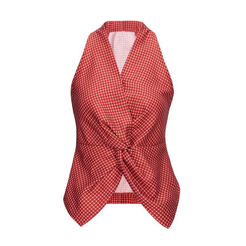 2026 French Retro Red Plaid V-Neck Halter Top Women's Stylish Vest Waist-Cinching Sleeveless Blouse
