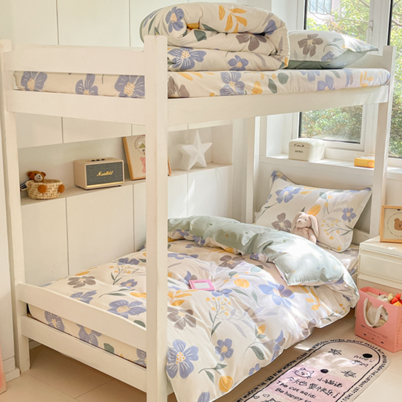 Juego de sábanas impresas de algodón de cuatro piezas Juego de tres piezas para estudiantes individual y doble, dormitorio doméstico de primavera y verano, sábanas lavables a máquina