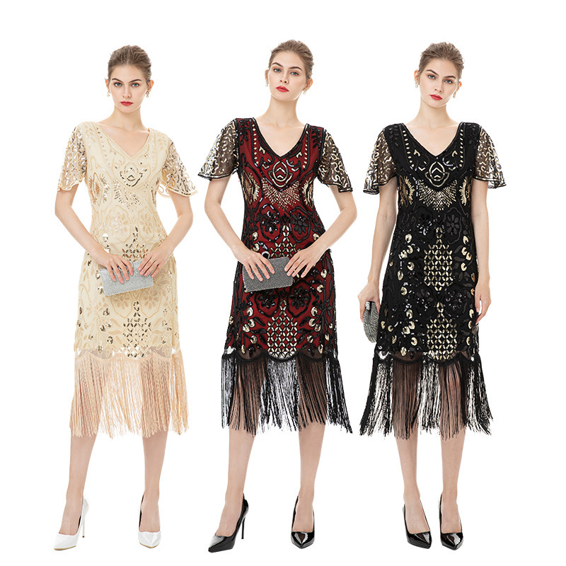 1920 European and American Cross-border Retro Wedding Dress Bridesmaid Dress Embroidered Tassel Evening Dress European and American Dress Dress Women