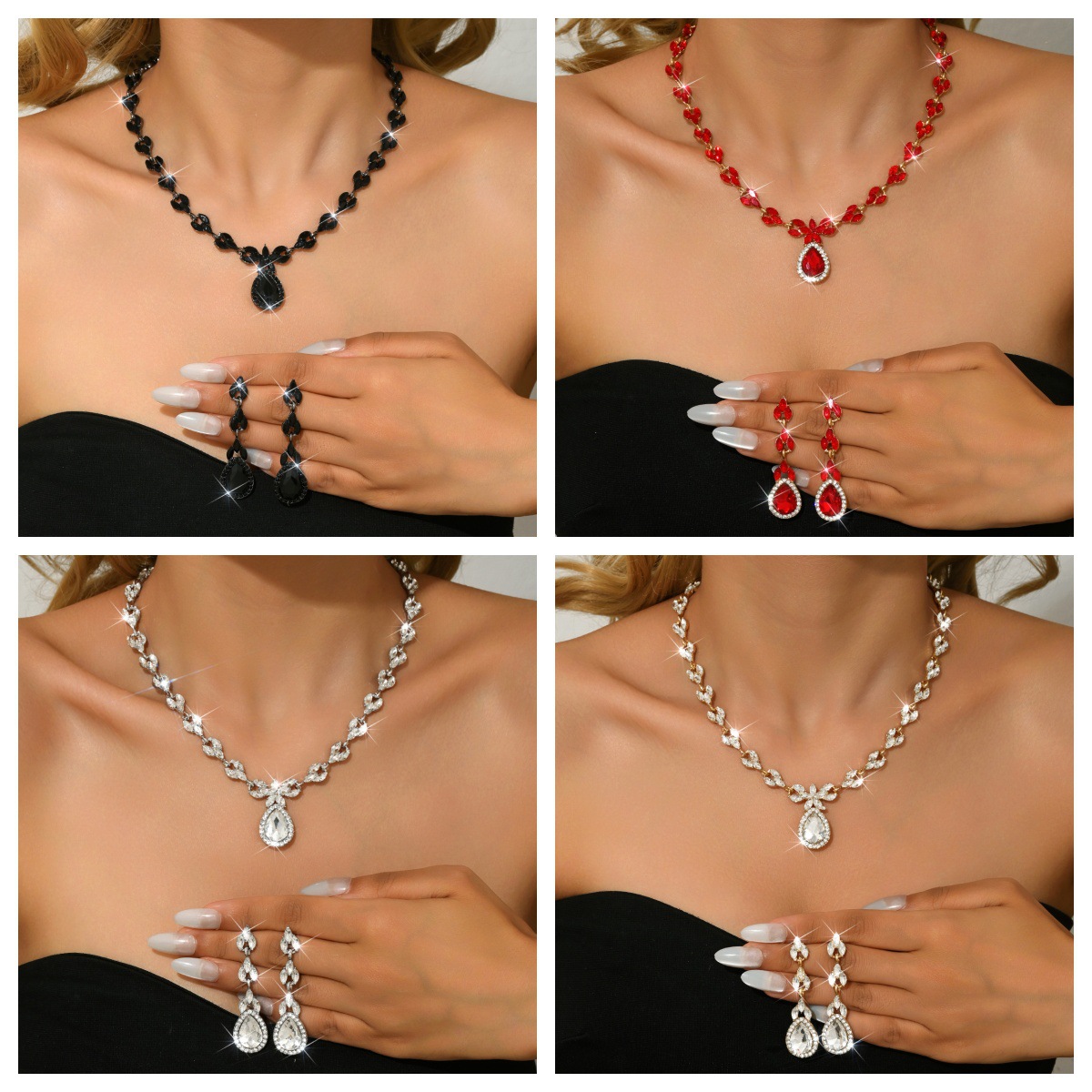 新款流行饰品水晶套装时尚百搭项链耳环套装新娘婚纱配饰跨境厂家