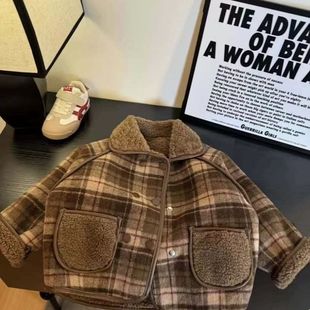 Coffee double-row coat ~ winter children's coat thickened baby boys and girls lapel fleece-lined double-breasted cotton-padded jacket