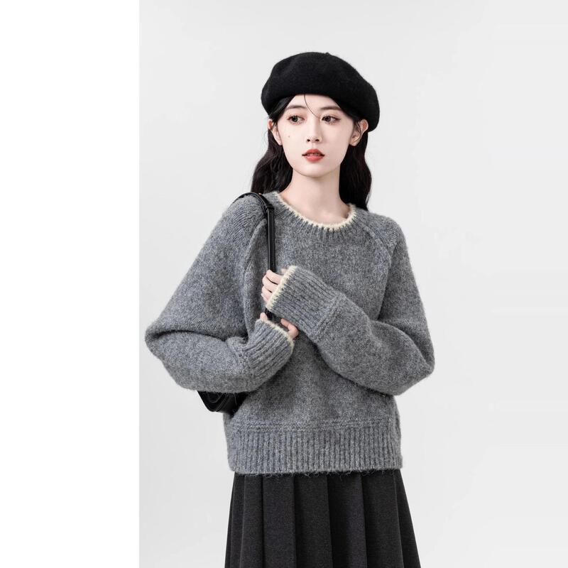 短款灰色毛衣女秋冬2025新款慵懒风加厚圆领内搭针织衫小个子上衣|undefined