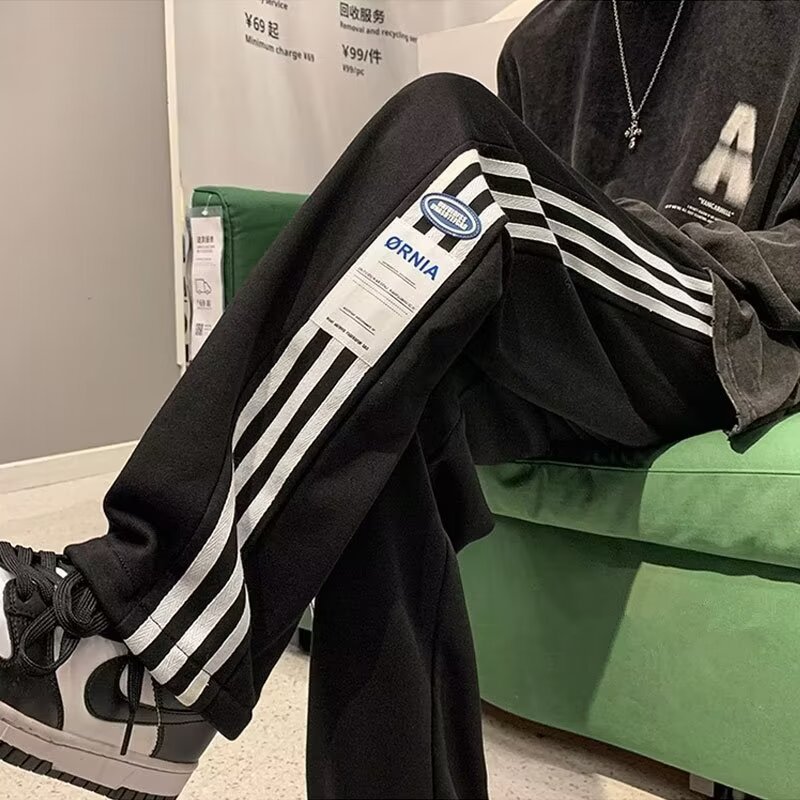 Pantalones casuales a rayas de la marca de moda, pantalones rectos anchos de primavera y otoño para hombres, pantalones deportivos sueltos de gran tamaño de estilo de Hong Kong, estudiantes de verano