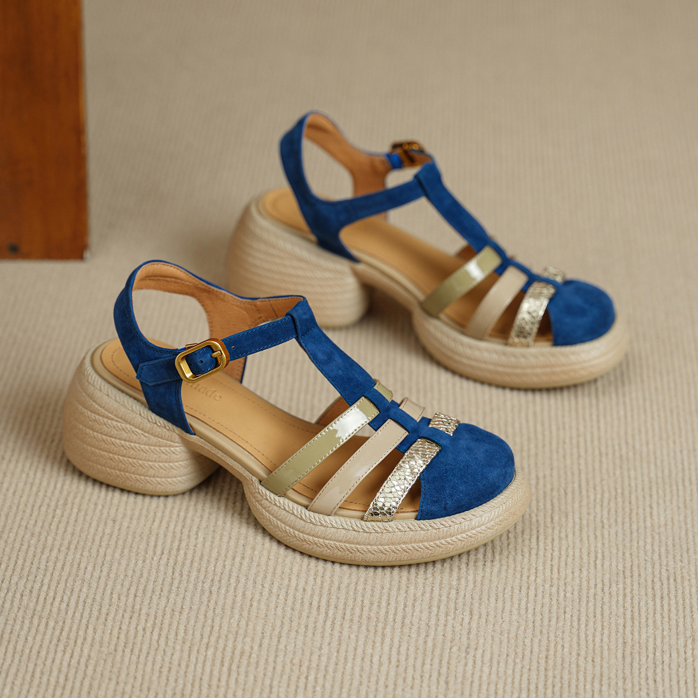 Sandal nữ quai chữ T đan dây đế dày gót thô 6.5cm phong cách La Mã — Màu xanh da trời