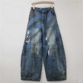 2025早春新款美式复古直筒破洞宽松牛仔裤女脏脏拖地阔腿垂感长裤