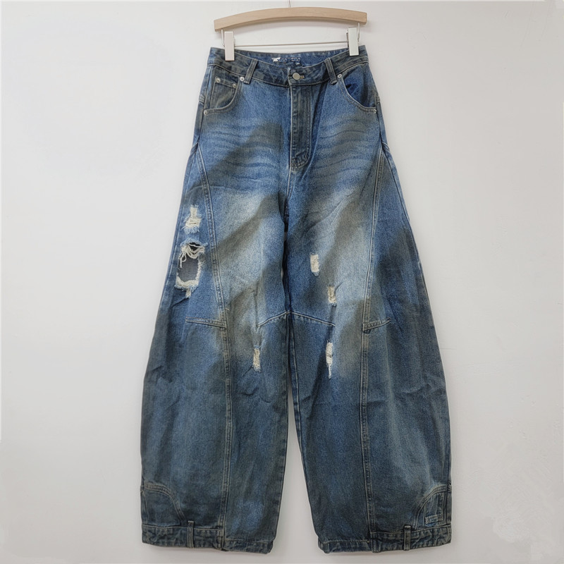 2025 Early Spring New American Style Retro Straight Ripped Loose Jeans Women's Dirty Wide Leg Pants